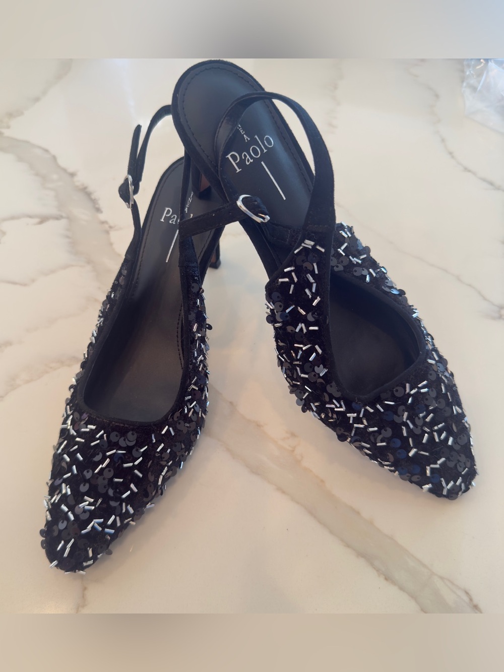 Linea Paolo Cosmo Beaded Sequin Pointed Toe Slingback Pumps 7.5